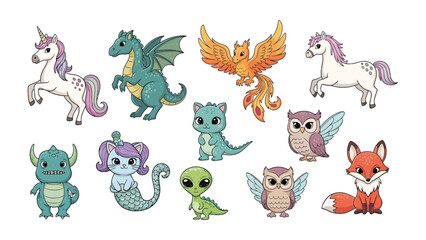 Naklejka premium Fantastic Beasts: A whimsical collection of enchanting creatures, including a majestic unicorn, a fire-breathing dragon, a mythical phoenix, and more. Each creature, full of intricate detail. 