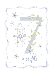 It's a boy. Watercolor hand-drawn monthly numbers cards with mobile with clouds and balloon, blue flowers and wavy ribbon. Seven months. Baby monthly milestone cards.