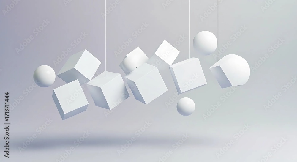 Poster white cubes and spheres hanging in a minimalist setting