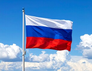 Russian flag waving in a clear blue sky