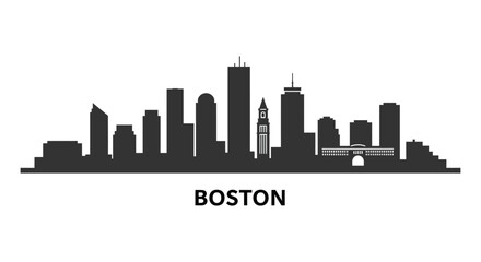 A black silhouette of the boston skyline with its name below it