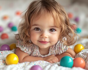 Adorable baby girl surrounded by colorful balls