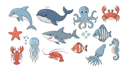 Oceanic Cartoon Animals: A collection of adorable cartoon marine animals, each with its own unique charm and character, creating a whimsical scene.