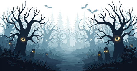 Spooky forest with glowing eyes in trees and bats flying in sky, creating a mysterious and eerie halloween night atmosphere