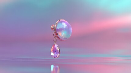 Single iridescent dangle earring on a soft focus pastel background