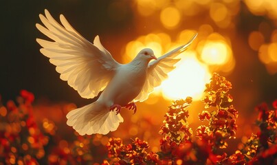 A white dove in flight amidst vibrant sunset blossoms
