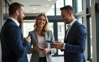 Finance professionals engaging in a lively discussion in a modern office lobby. High quality