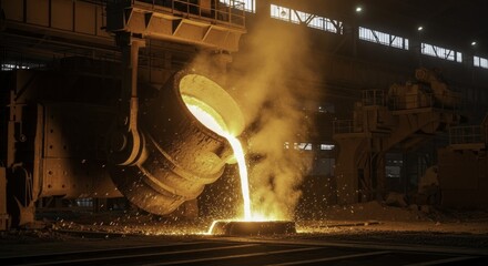 Molten Metal Pouring from a Ladle in a Steel Mill, Illuminating the Dark Industrial Factory with Fiery Sparks and Intense Glow