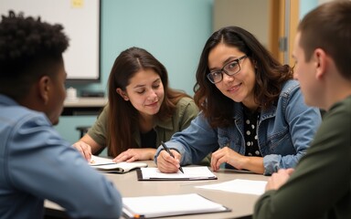 Obraz premium College students and a teacher reviewing feedback on assignments in a classroom setting. High quality