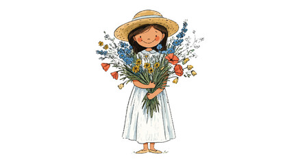 Obraz premium Adorable young girl holding a large bouquet of flowers in a whimsical illustration style on white background