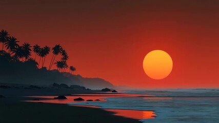 Sunset beach ocean palm tree silhouette tropical landscape vibrant orange sky calm water reflection creating peaceful warm atmosphere perfect for relaxation and nature lovers enjoying serene views - Powered by Adobe