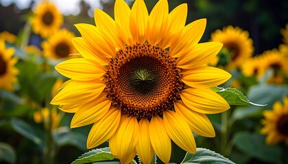 Obraz premium A vibrant sunflower, radiant in golden hues, stands out in a field of blooming sunflowers, showcasing the beauty of nature.