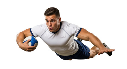 Rugby player running with ball isolated on white background