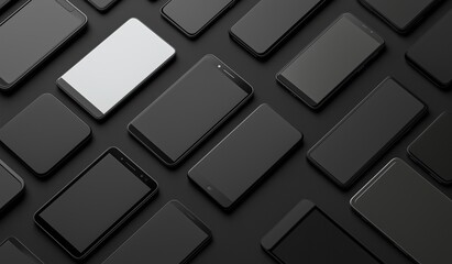 Multiple black smartphones with blank screens arranged in organized pattern on dark background displayed from above with visible buttons for mockup template showcasing mobile app designs
