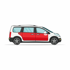 Obraz premium White and red minivan parked on a plain white surface, showcasing its clean lines and modern aesthetic, conveying simplicity.