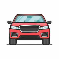 Obraz premium Red car facing forward with headlights on, parked on a smooth surface, showcasing a clean and modern aesthetic.