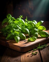 Fresh Basil and Thyme on Wooden Board with Dramatic Lighting