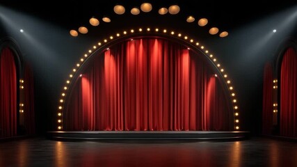 Red curtain stage with round arch lights and spotlights creating dramatic atmosphere in theater interior decoration for performance with warm glow and elegant lighting design - Powered by Adobe