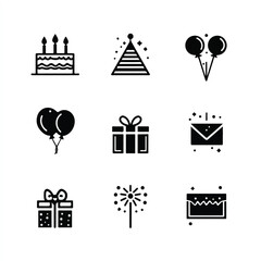 Celebration icons set with cake gift balloons party hat sparkler and envelope for joyous events