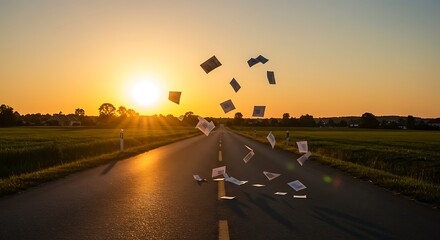 Flying papers scattered on a long country road during a vibrant golden sunset.
