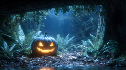 A glowing jack-o’-lantern pumpkin shines with fiery light against a dark background, symbolizing spooky Halloween vibes and festive autumn celebration.
