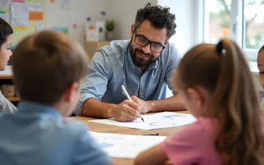 Obraz premium Man mentoring elementary school children. Teacher showing kids how to draw in a class. High quality