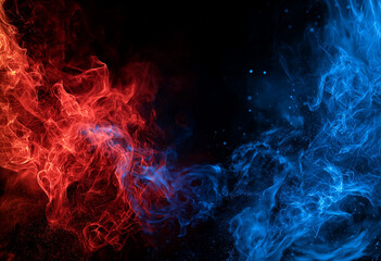 Dynamic collision of red and blue particles and smoke, creating an abstract visual representation of opposing forces