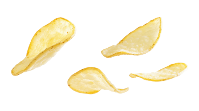 Crunchy Potato Chips in Various Sizes on Transparent Background Ready for Snacking or Sharing