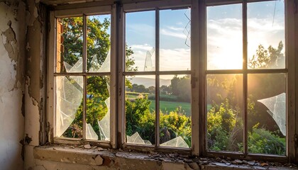 Broken Window View of a Field.