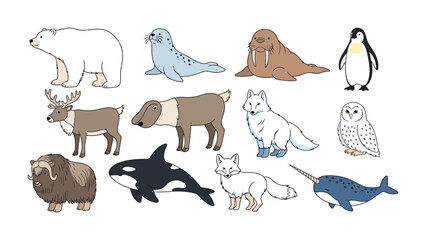 Arctic Animal Assemblage: A captivating assembly of arctic animals including polar bears, seals, walruses, penguins, reindeers, huskies, foxes, owls, musk ox, orcas and narwhals captured. © Azizun