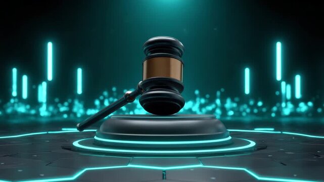 Gavel glowing neon lights on futuristic hexagonal platform with digital background symbolizing law justice technology court integration in modern environment