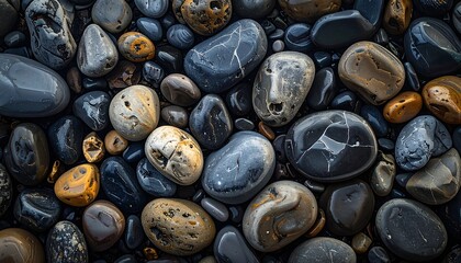 A close-up view of a textured, multicolored collection of smooth, rounded stones, showcasing a variety of captivating patterns and hues.