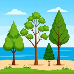 Colorful cartoon trees by the beach