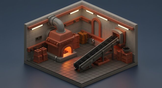 Isometric Blacksmith Workshop with Forge and Conveyor Belt in Warm Lighting