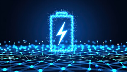 Battery Icon with Lightning Bolt on Digital Network Background