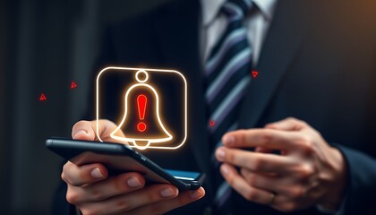 Close Up of Hands Holding Smartphone Displaying Glowing Notification Bell Icon mobile phone