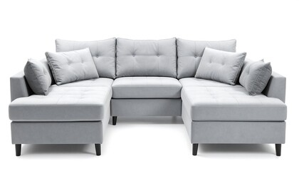Fototapeta premium A light gray, modern sectional sofa with tufted cushions, perfectly centered against a pure white background, exudes a simple, elegant style.