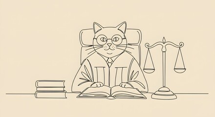 Legal Cat Judge Cartoon Illustration in Courtroom Setting