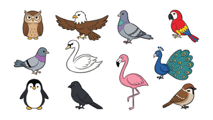 Avian Assemblage: A whimsical collection of birds, from the majestic eagle to the petite sparrow, showcased in a delightful illustration, offering a visual journey into the diverse world of avifauna.