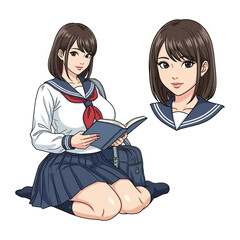 Beautiful School Girl Reading Book