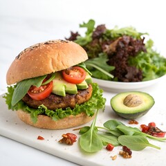 Hamburger and fresh green salad with cheese and bacon on a white plate
