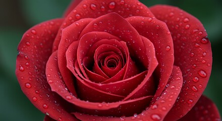 A detailed macro shot of a single, vibrant red rose covered in glistening water droplets.