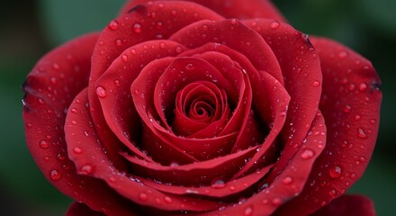 A detailed macro shot of a single, vibrant red rose covered in glistening water droplets.