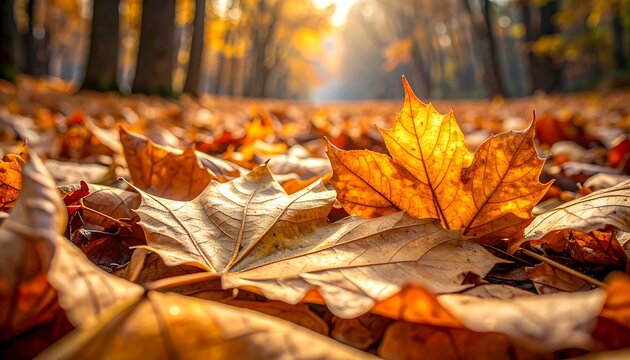 Autumn leaves on forest floor bathed in sunlight - Powered by Adobe