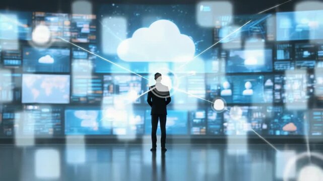 Businessman digital screen displaying cloud computing network connection data flow technology innovation communication futuristic interface enhancing digital network and data management integration - Powered by Adobe
