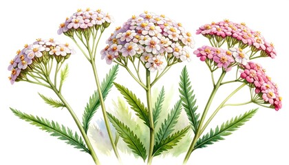 Delicate watercolor illustration of clusters of pink and white flowers, with detailed green leaves, set against a bright white background.
