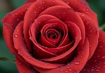 A detailed macro shot of a single, vibrant red rose covered in glistening water droplets.