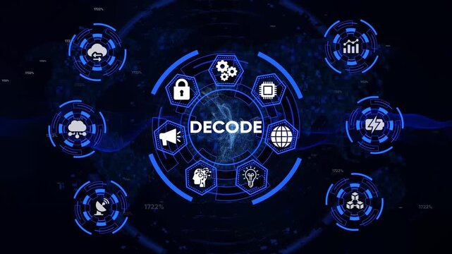 Digital decode concept with technology icons and data flow abstract background futuristic interface cybersecurity network analysis and innovation