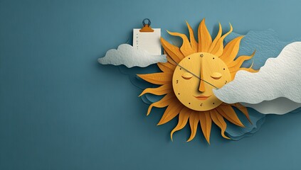 A stylized sun with a sleepy face, partially obscured by clouds, features a clipboard with a blank sheet of paper attached.  Papercraft aesthetic, calming blue background