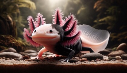 Discover a charming axolotl amphibian with unique features in its natural habitat, a captivating animal portrait